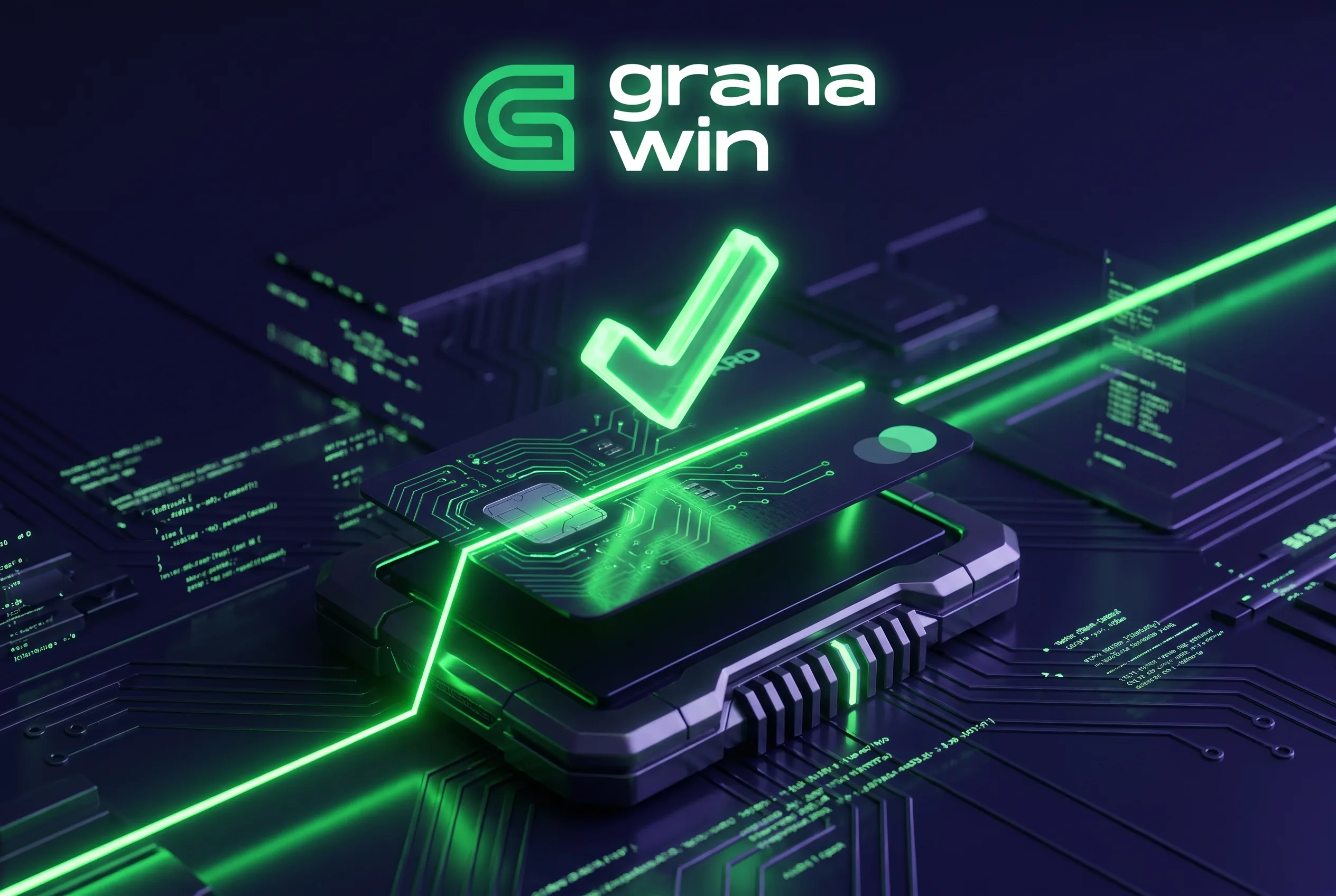 Neonowy znak potwierdzenia nad kartą w stylistyce GranaWin